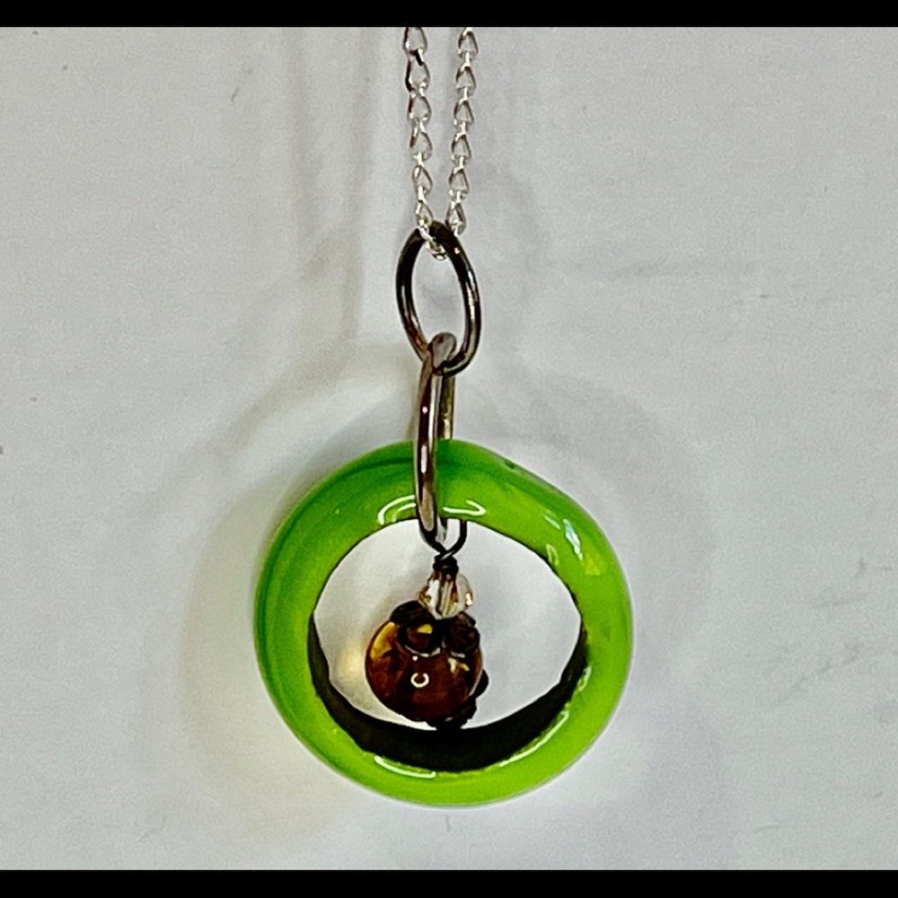 24” sterling silver chain with hand blown green glass circle & amber bead NEW